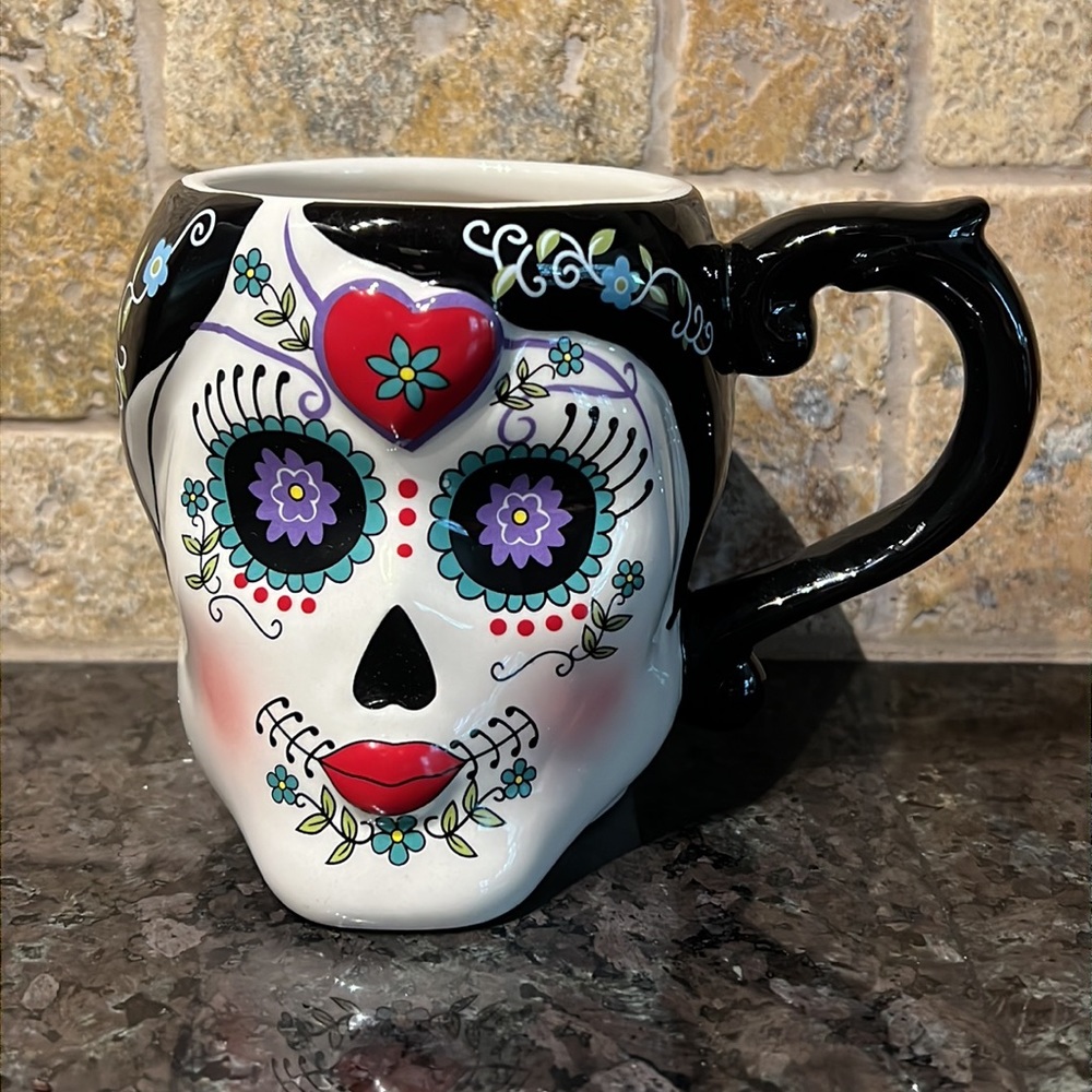 DAY OF THE DEAD SUGAR SKULL CERAMIC COFFEE CUP MUG BY CRACKER BARELL STONEWARE